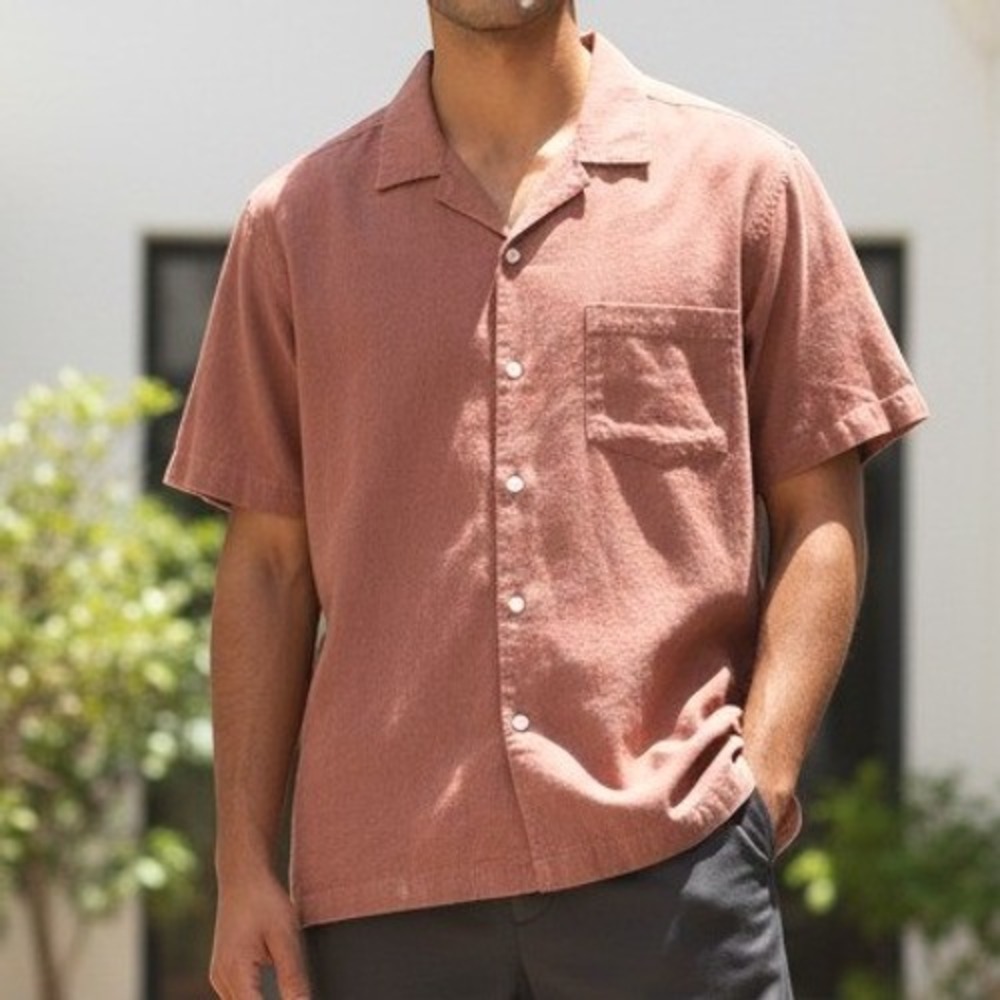 Goodfellowā Mens L Brown Linen Blend Short Sleeve Collar Button Down Shirt New